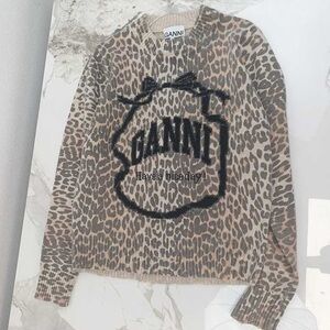 Ganni Beige and Brown Leopard Print Crew Neck Sweater